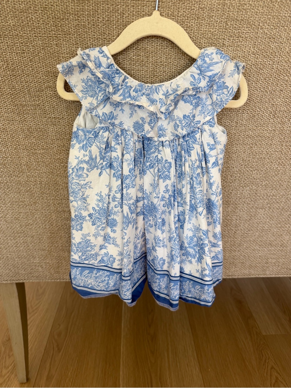 Janie and Jack White Dress with Blue Floral Print and Ruffled Yoke